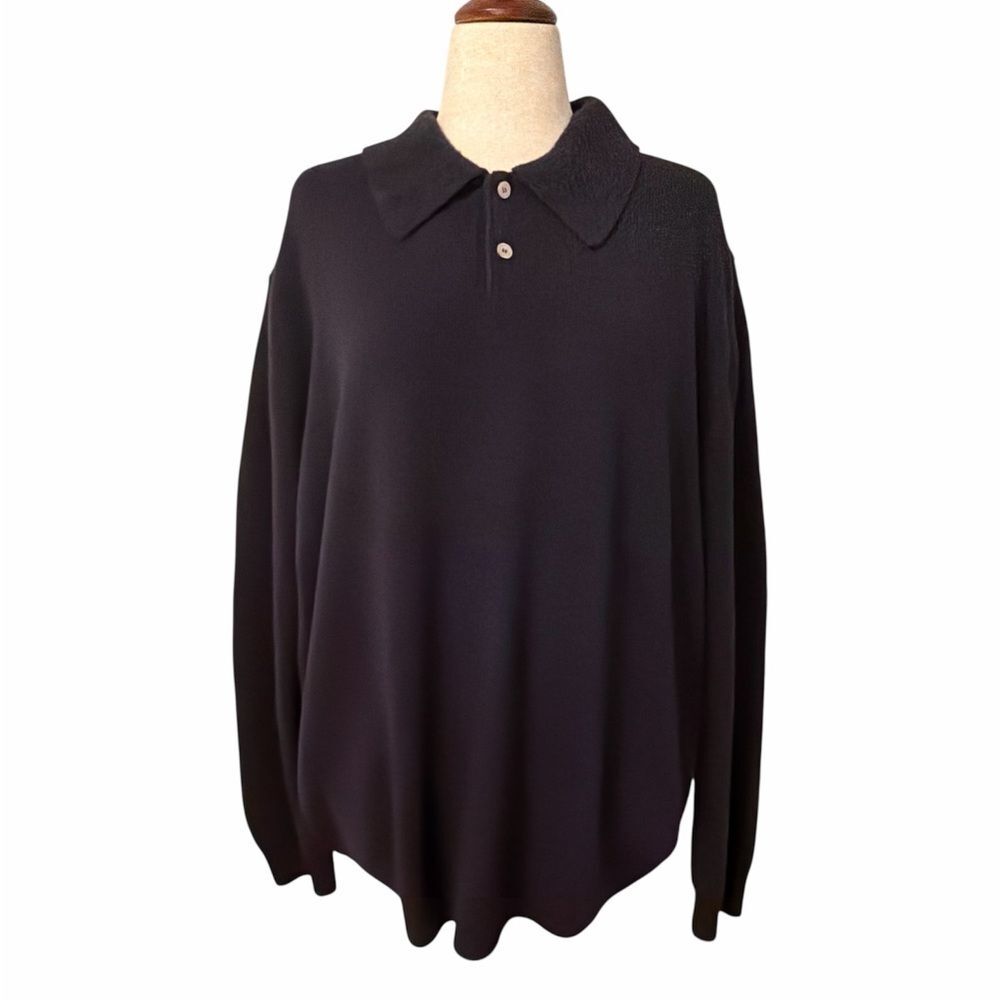 Henry Cotton’s Men XL 100% Merino Wool Knit Polo Sweater Navy Blue Long Sleeve